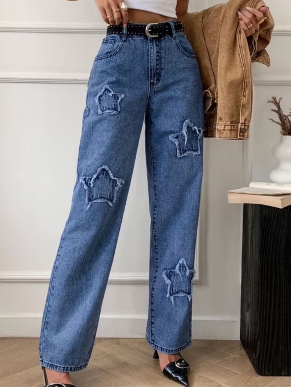 High-Rise Star Patch Wide-Leg Jeans - Blue - Picture 1 of 9